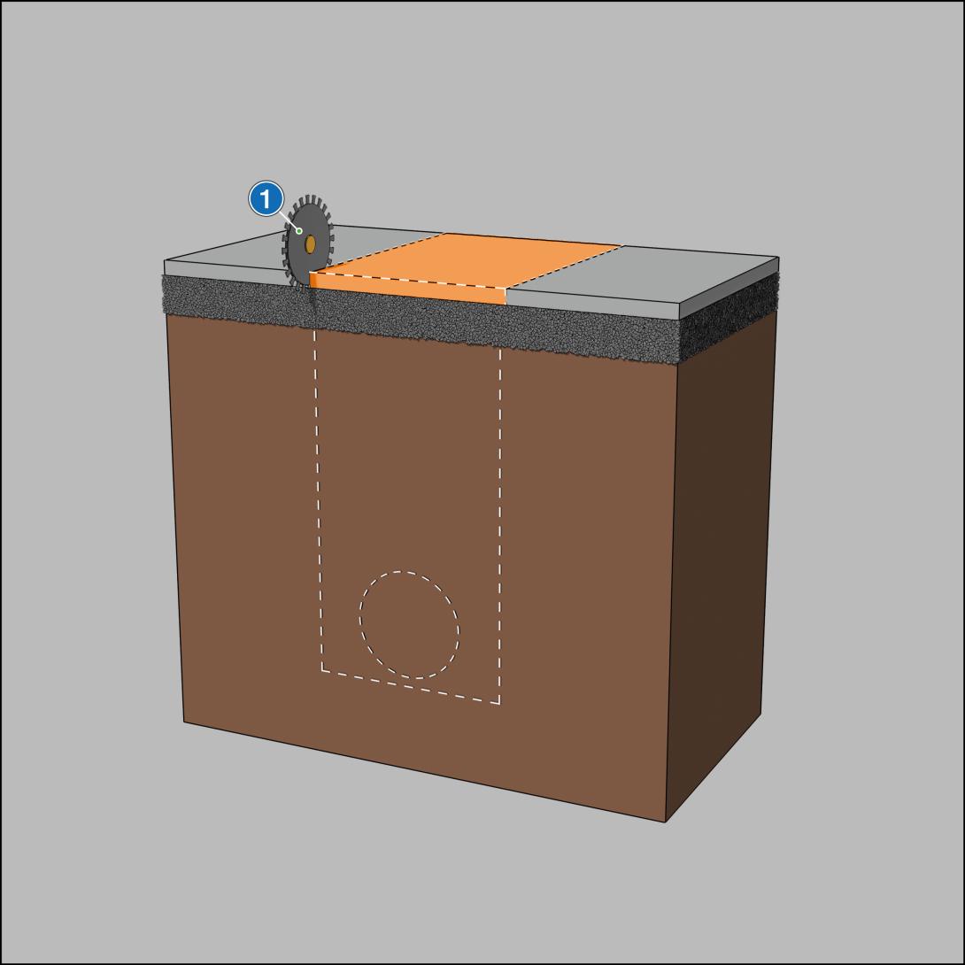 Oberfläche schneiden mit Fugenschneider, der herasuzutrennende Bereich ist orange markiert