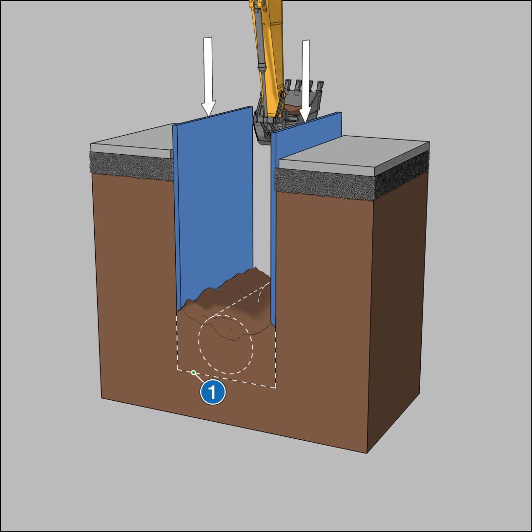 Graben abschnittweise ausheben und sichern, bis zur geplanten Grabensohle.