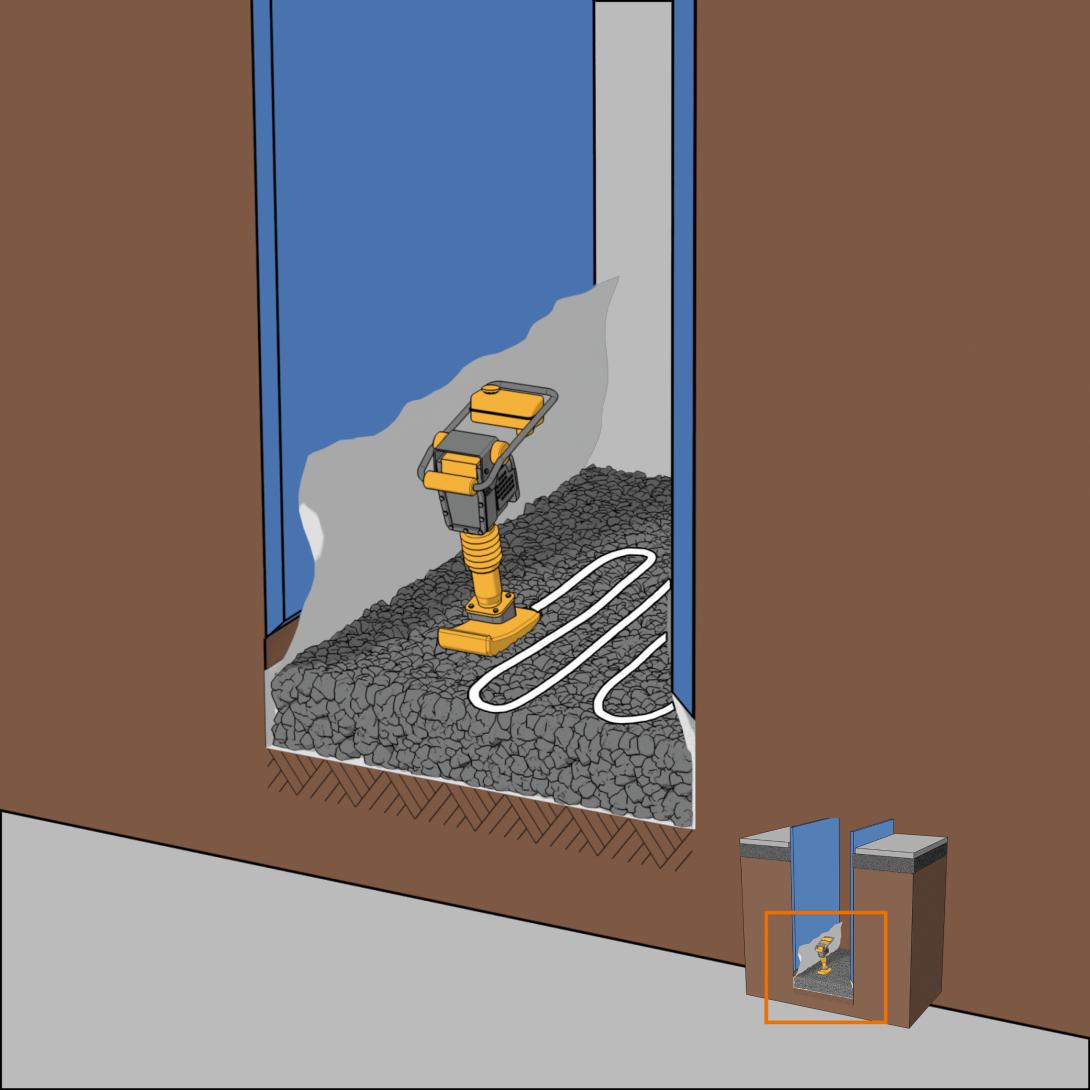 Material proﬁlgerecht verteilen und in mehrere Verdichtungsübergängen verdichten (); Höhe prüfen.