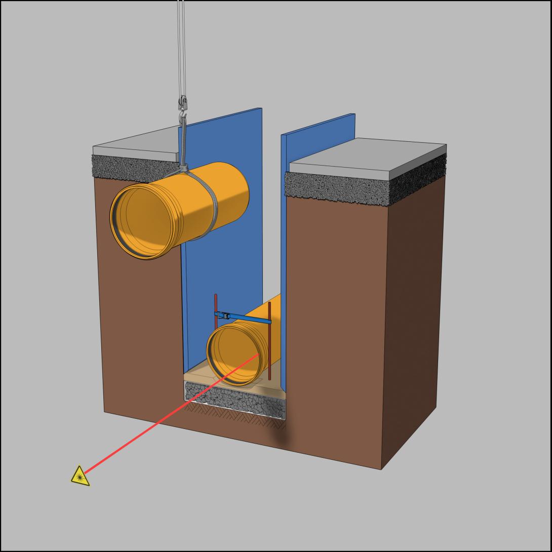 Offene Verlegung von Kunststoffrohren - Rohr ist nur mit zugelassenem Anschlagmittel in den Graben abzulassen